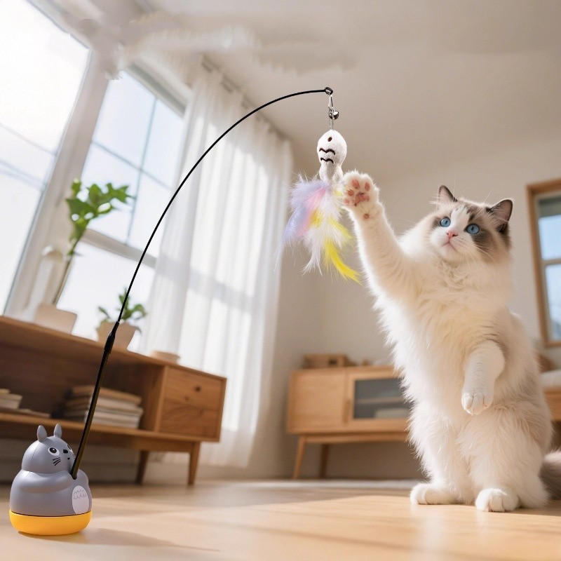 New Steel Wire Long Pole Feather Cat Toy Rotating Fishing Cute Kitten Pet Toy for SelfPleasure