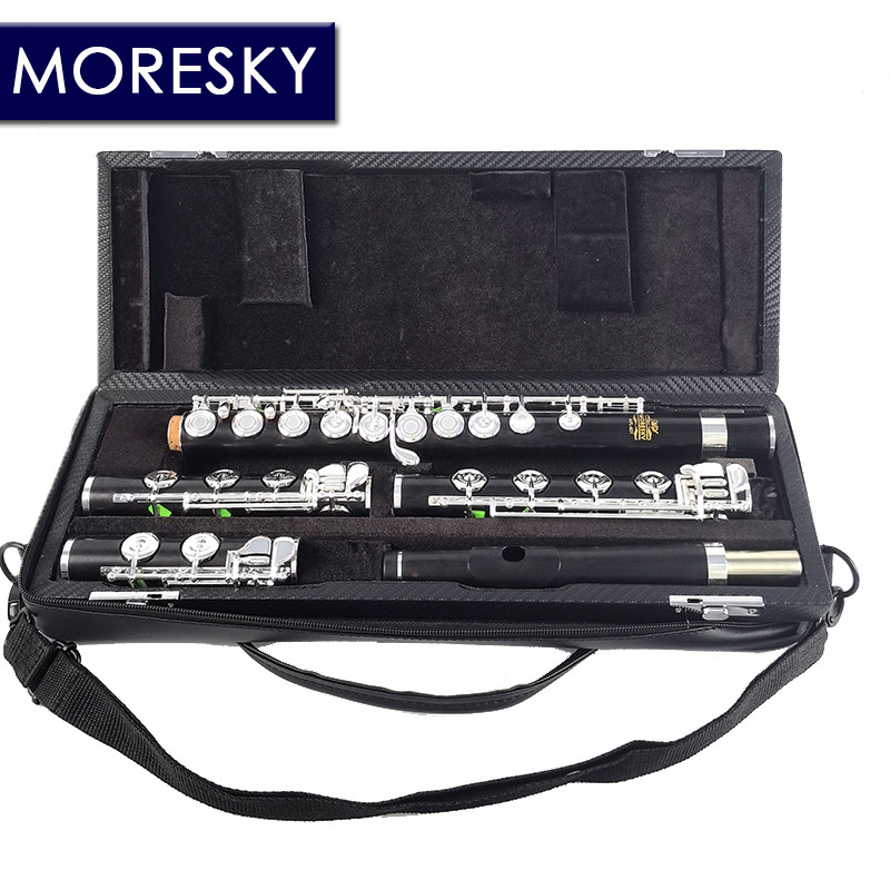 MORESKY Ebony Flute /C+B+Bb foot 16+17+18 Open Hole Silver Plated E Key Grenadilla Professional