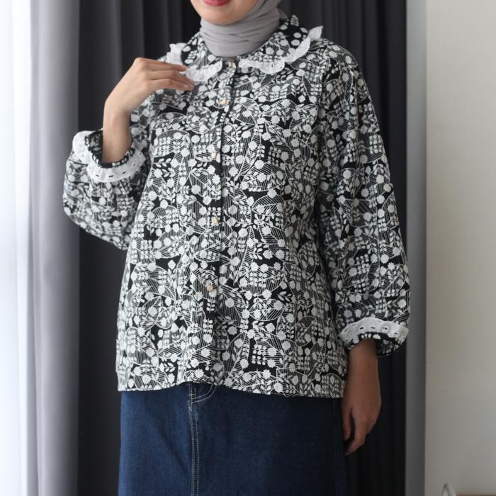 uek4- Eclemix Top Sitra Atasan Wanita Kemeja Motif Kerah Peterpan Vintage Kemeja Lengan