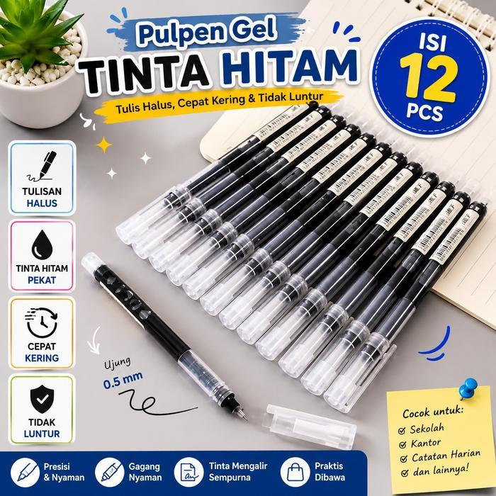 PN17 Pulpen Gel 0.5mm Isi 12 Pcs Transparan Smooth Ink Anti Macet Pulpen Estetik Halus Tinta Hitam