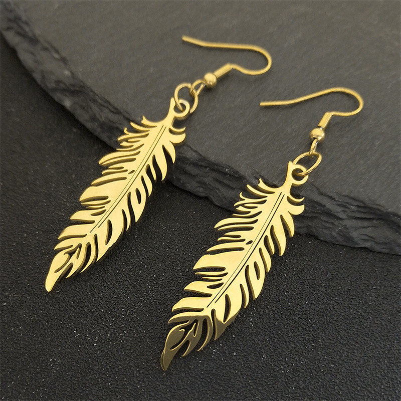 Boho Feather Pendant Earring Drops for Women Stainless Steel Gold olor Bohemia Leaf Dangle Earrings