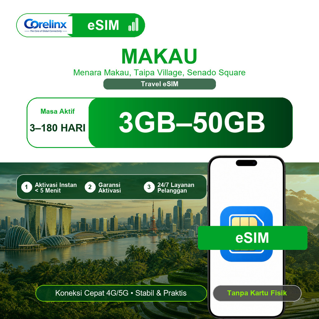 eSIM Makau (Macao) 3GB-50GB 3-180 Hari Travel eSIM Data Internet Roaming 4G/5G QR Instan Langsung Ak