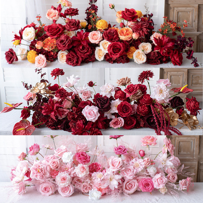 Burgundy Red Rose Luxury Aisle Floor Flower Row Rose Anthurium Floral Arrangement Wedding Backdrop