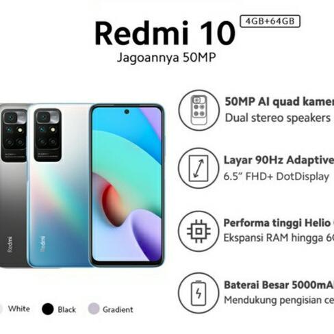 HP REDMI 10 RAM 4GB ROM 64GB HELIO G88 50MP AL QUAD CAMERA ANDROID - carbon grey