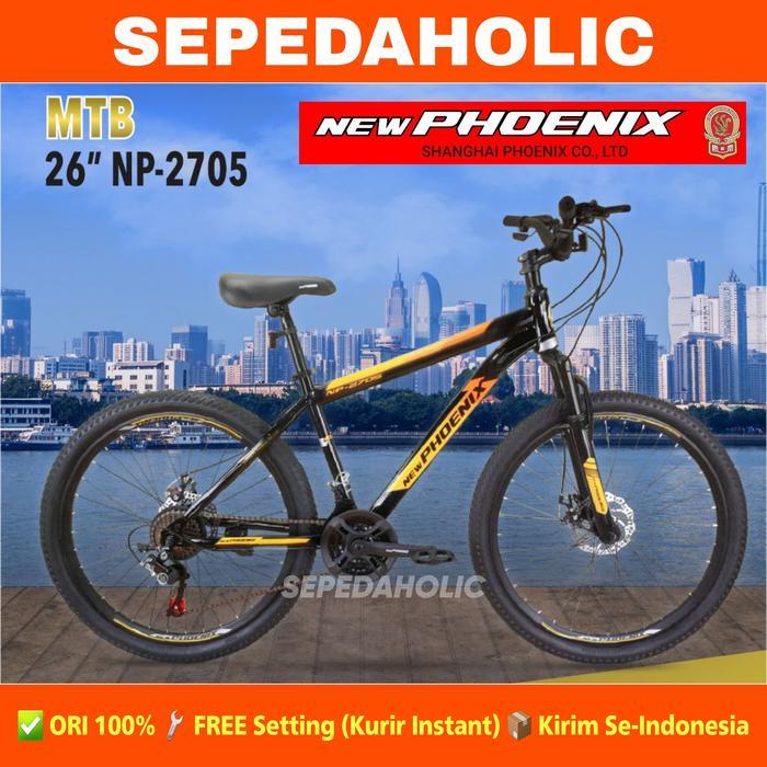 Sepeda Gunung MTB PHOENIX NP 2705 Ukuran 24 26 Inch Rem Cakram - Hitam Kuning, 26 Inch