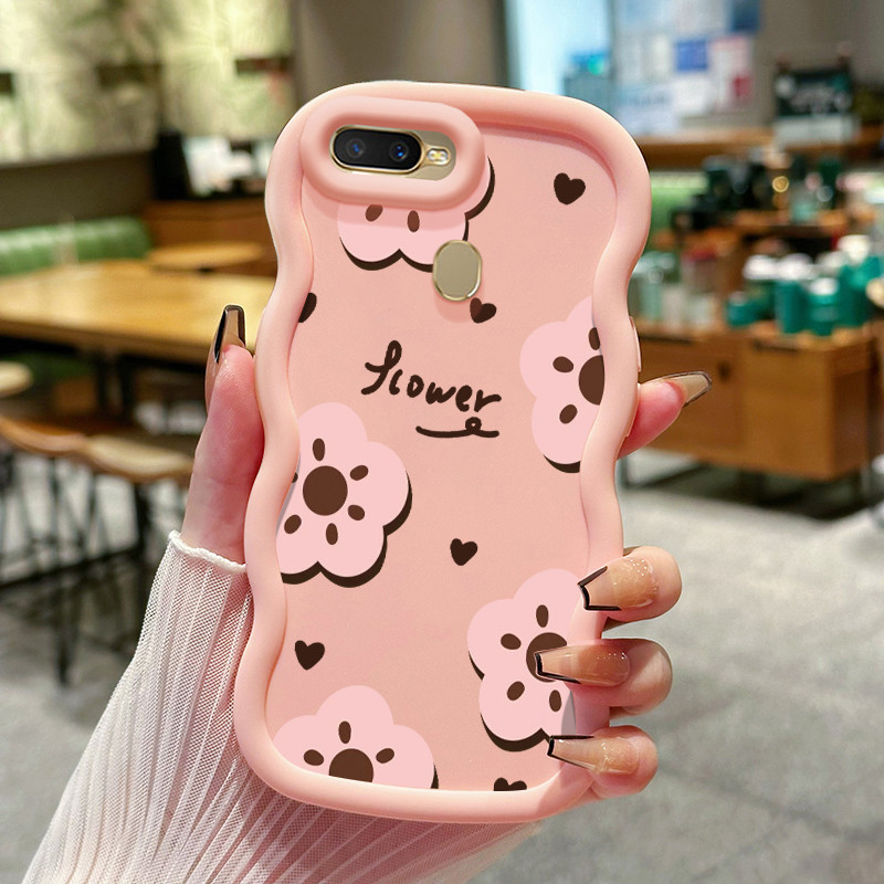 Casing Untuk OPPO A7 A5s A12 A12s A11K Case Bunga Pink Peach Kasing Pinggir Gelombang Cesing Silikon