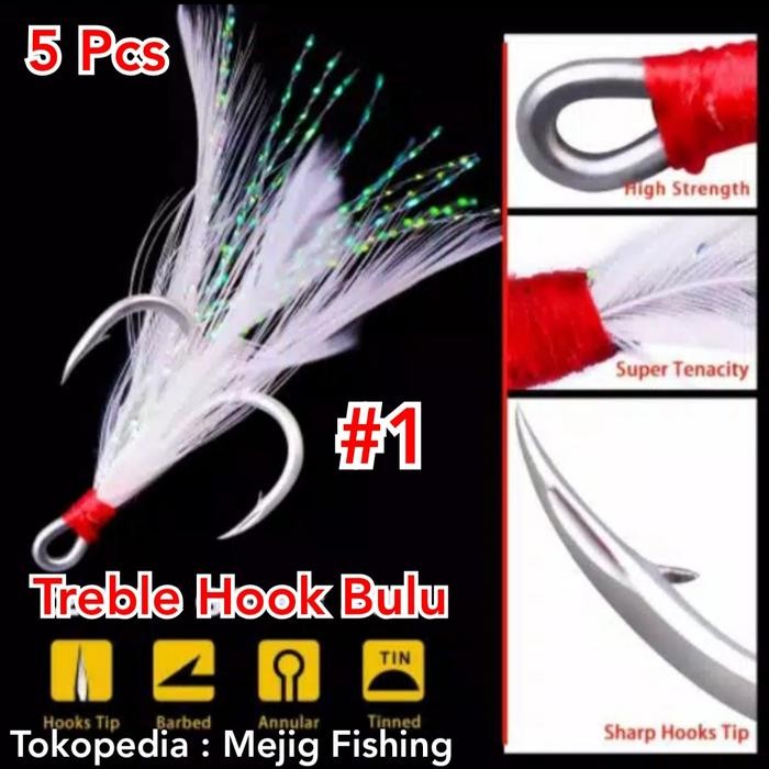 4tpo- Treble Hook Bulu No.1 Untuk Jig 60Gr 80Gr Spoon Lure 40Gr 60Gr