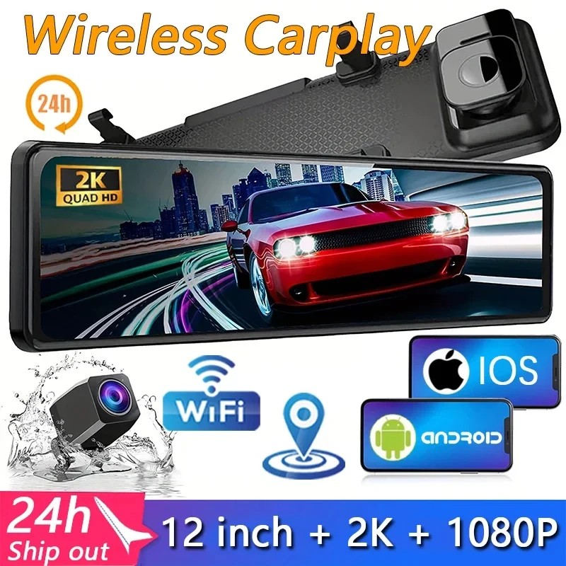 12" Car Mirror Display Wireless Car DVR Dascam Auto Wifi GPS Rear