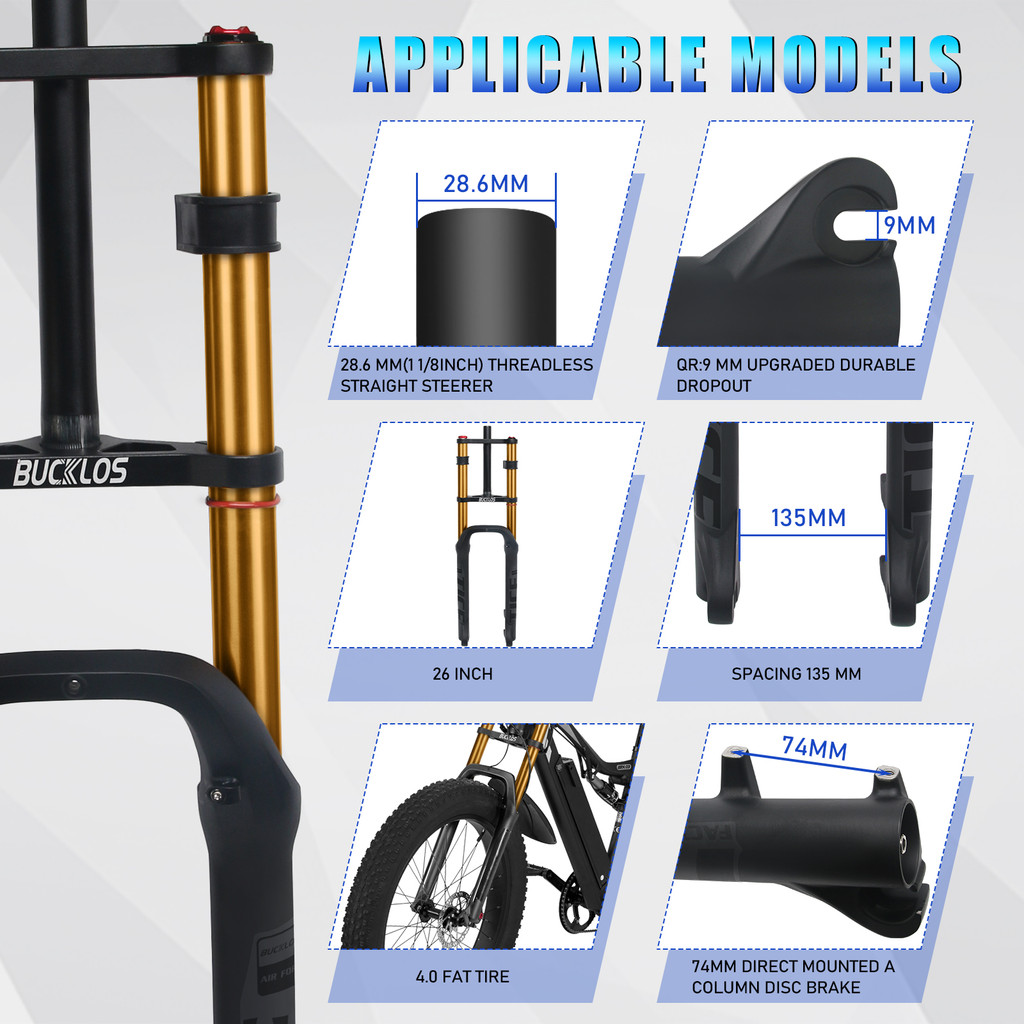 BUCKLOS 26*4.0 Snow Bike Fork Air Suspension Bicycle Fat Fork 4.0 Tire 9*135mm Mountain Bike Forks