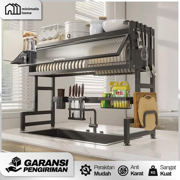 Rak Wastafel Dapur Besi Anti Karat Tertutup Lemari Piring Wastafel Rak Dapur Kaca Penyimpanan