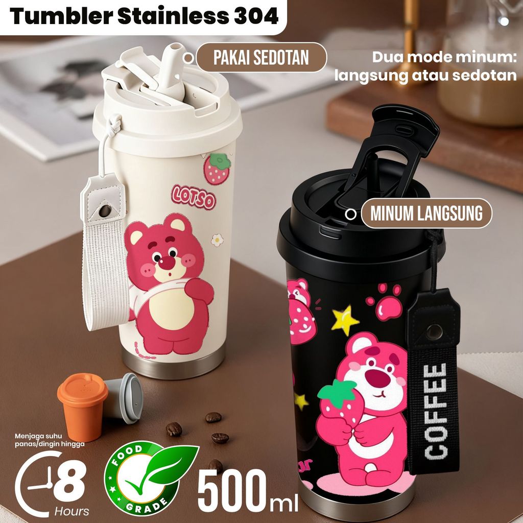 Tumbler Stainless 304 Botol Minum Estetis Kapasitas 500ml dengan Karakter Beruang Pink LOTSO untuk D