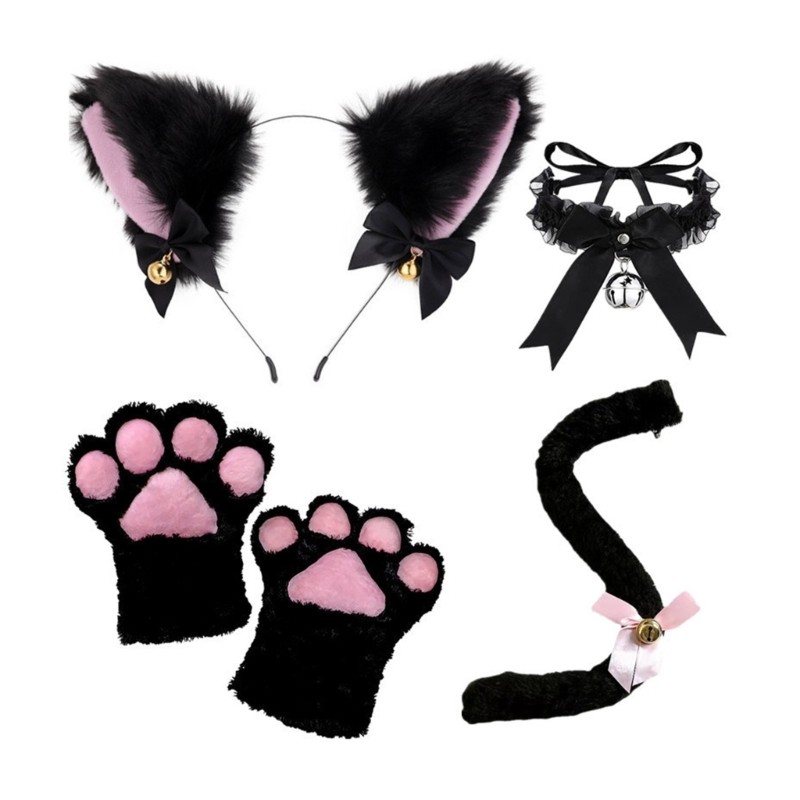 Cat Costume Set Halloween Christmas Animal Cosplay Pro Cat Ears Headband Tail Bell Lace Choker
