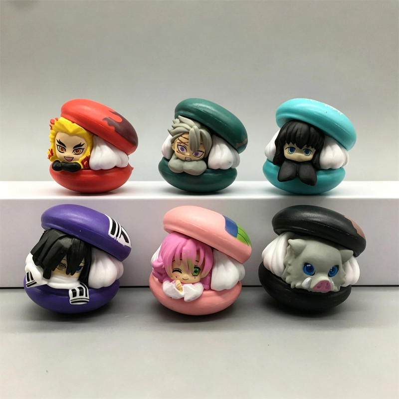 6pcs/Set Demon Slayer Macaron Shape Cute Chibi Figures Kawaii Rengoku Tokito Obanai Mitsuri Sanemi