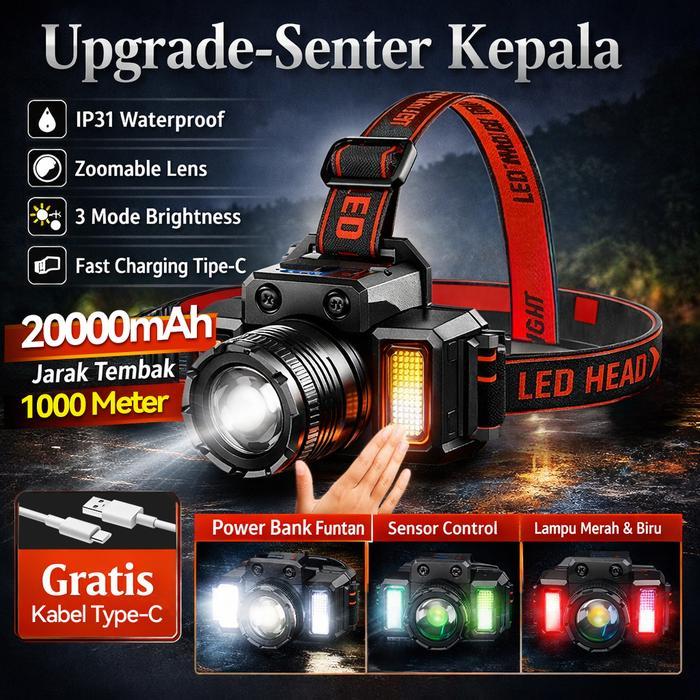[COD]10000LUMEN Senter Kepala LED2000W HeadlampJumbo OutdoorCamping CahayaPutihDan Putih SuperTerang