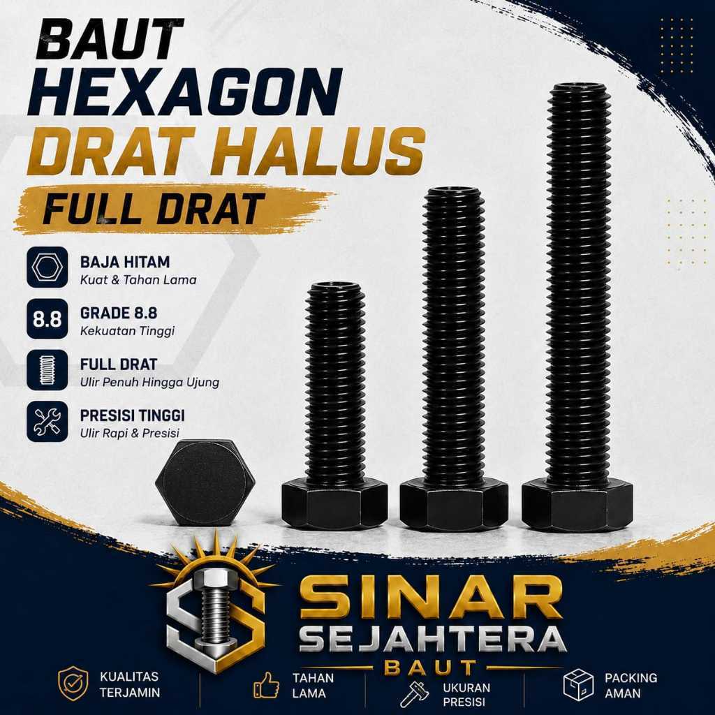Baut Hexagon Baja 8.8 Drat Halus Baut M12X25 Drat 1.25 / Baut 12X25 Halus / M12 X 25 Grade 8.8 HTB F