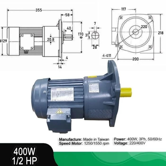 Paket motor induksi gearbox 3 phase 1/2 hp (400watt) + inverter 220V