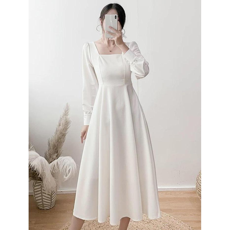 nq0q- Gaun Putih Elegan Gaya Korea Dress Lengan Panjang A-Line, Cocok Untuk Prewedding &