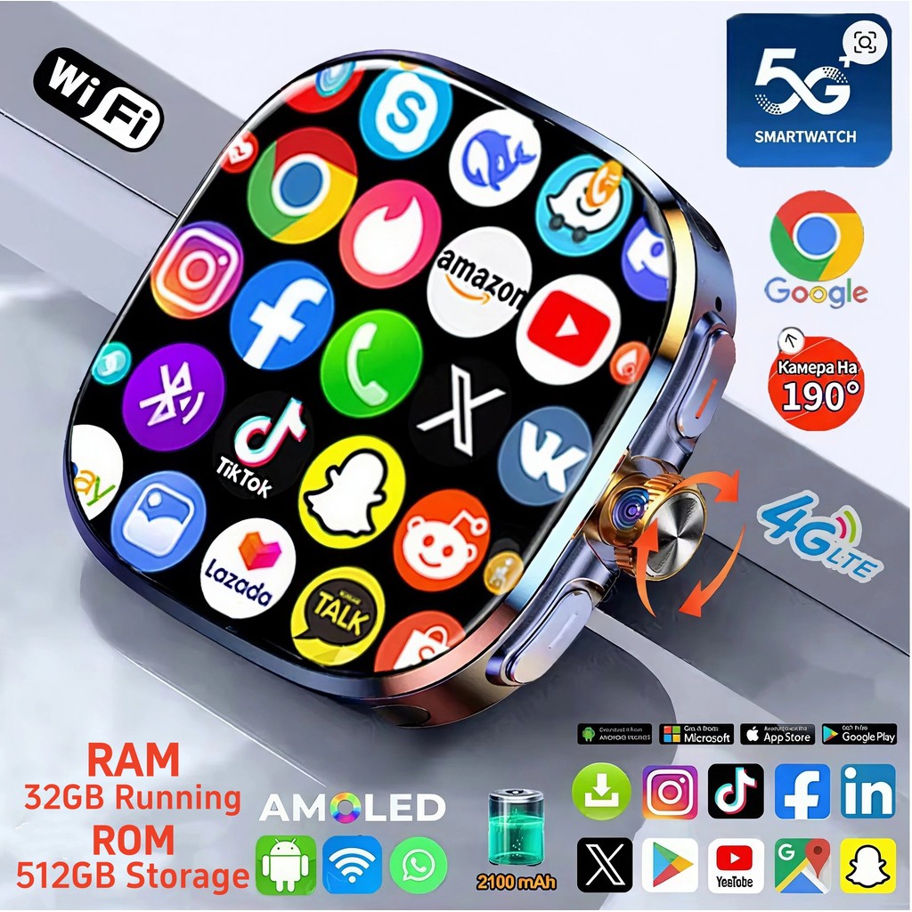 32GB+512GB 5G/4G Android 10.0 Smart Watch 2.4 inch AMOLED 2100mah Battery 900W Camera GPS WIFI