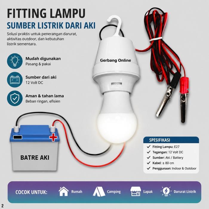 Promo Fitting Lampu Aki Ac/Dc Inverter Fitting Jepit Aki E27 Fiting Gantung Original