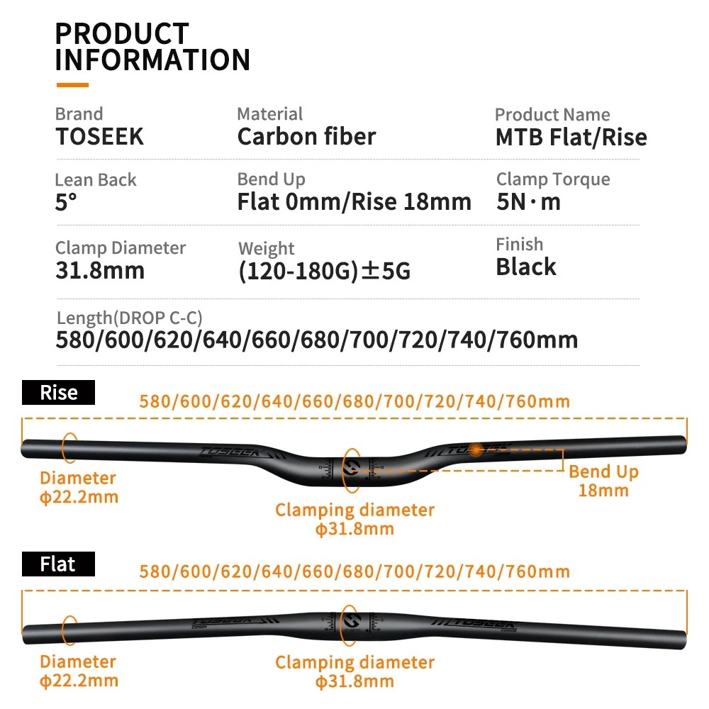 TOSEEK Carbon Handlebar MTB Handle Bar Mountain Handlebars 31.8mm RiseFlat HandleBar Width 580mm