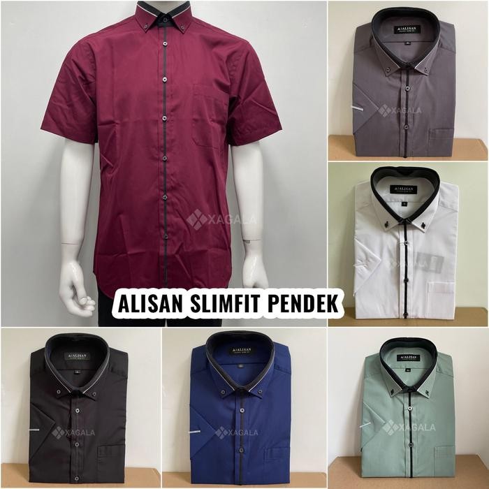 kwf6 Alisan Pendek Kemeja Pria Alisan Lengan Pendek Slimfit Navy Hitam