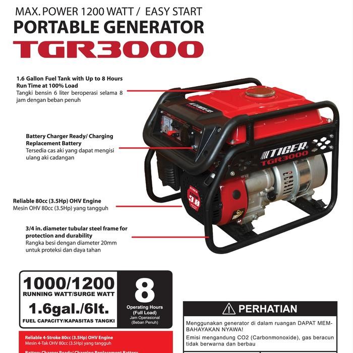 Mesin Genset 1000 Watt - 1200 Watt Tiger Tgr3000 / Genset Tiger 1000 Watt