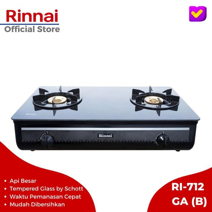Rinnai Kompor 2 Tungku RI-712 GA (B) / Kompor Gas Rinnai 2 Tungku Tempered Glass / Kaca Warna Hitam