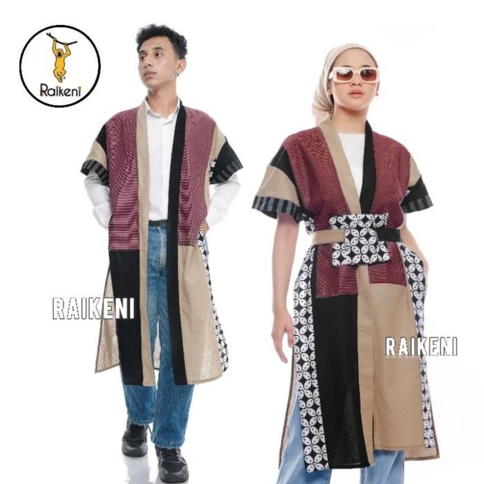 RAIKENI Kimono Okashi Panjang | Kimono Batik Tenun Unik | Outer Batik Tenun | Vest Etnik Tenun Batik