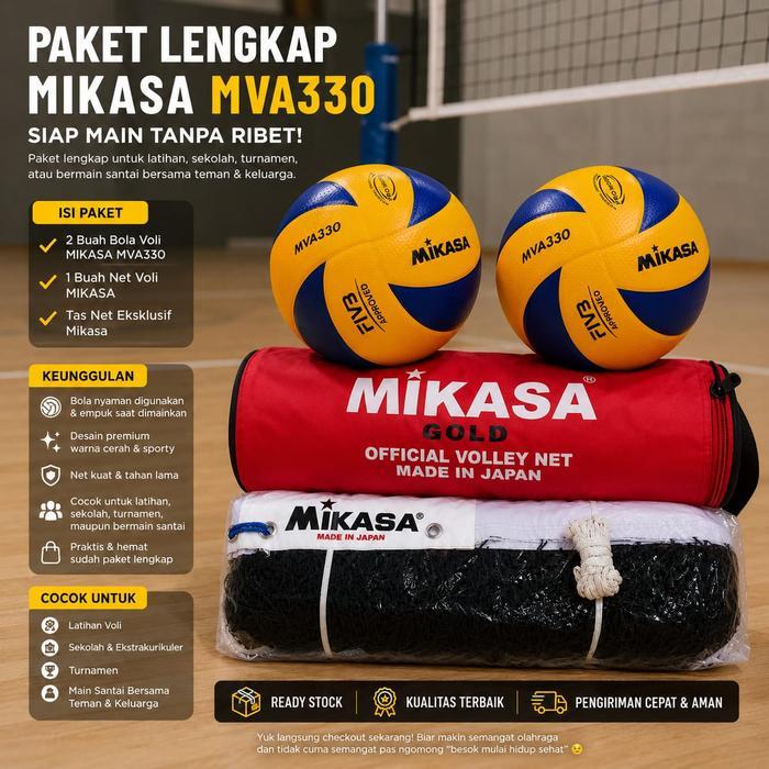 bola volly mikasa paket 2 bola volly mikasa mva330 dan 1 net mikasa gold - bola bagus