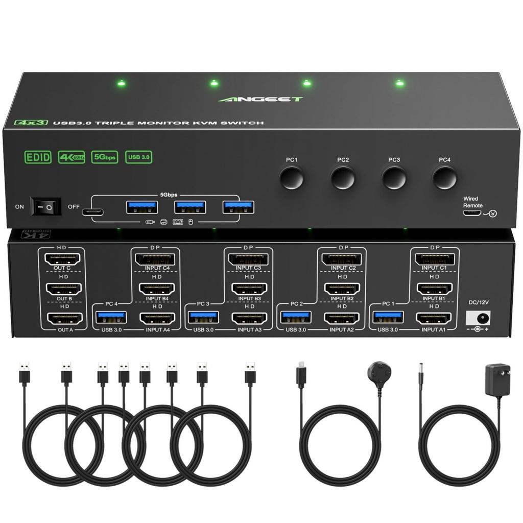 HDMI Displayport KVM Switch 3 Monitors 4 Computers 4K@60Hz,EDID Simulation,USB 3.0 KVM Switch Triple