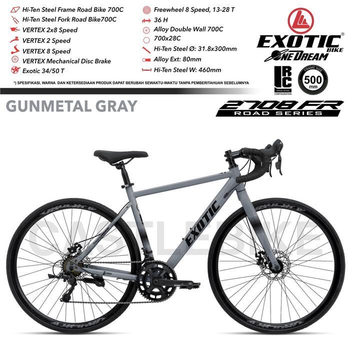 Sepeda Exotic 2708 FR Hi-Ten Steel Frame Road Bike 700x28C Shifter Vertex 2x8 Speed Mechanical Disc 