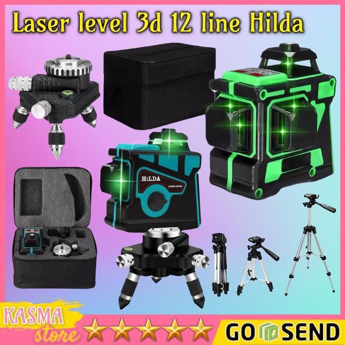 Laser Level 12 Line 3D Hilda Laser Level Pengukur Dimensi + Tropod