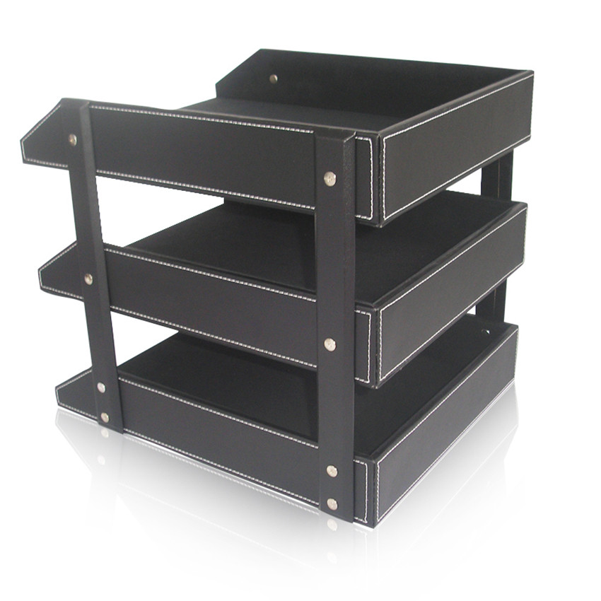 Office Supplies 3 Layers File Rack PU Leather A4 Document Tray Shelf Frame Paper Desk Organizer Home