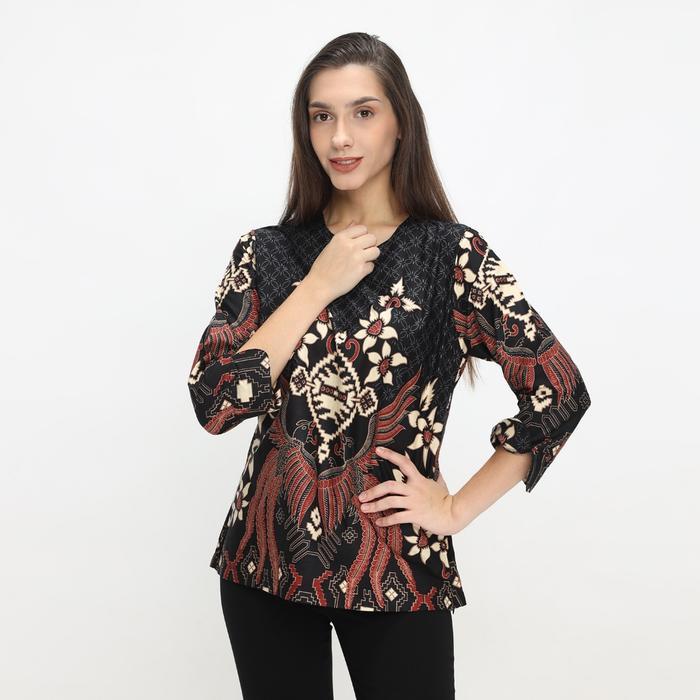 Batik Wanita Atasan Blouse Batik Wanita Atasan Batik Wanita Lengan Panjang Warna Dasar Hitam OLR233 