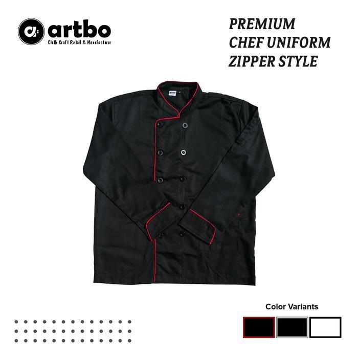 Seragam Chef Koki Jaket Chef Koki Lengan Panjang Model Zipper Warna Hitam Lis Merah Ukuran XL / Jake