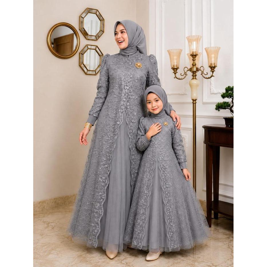 TERMURAH Gamis muslim ibu & anak couple brokat elegan untuk pesta kondangan lebaran pengajian model