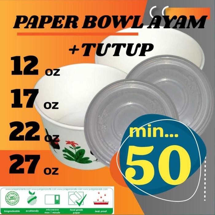 KEREN Paper Bowl Mangkok Mangkuk Ayam Jago + Tutup Dan Plus Wadah Tempat Papper Cup Rice Bwol