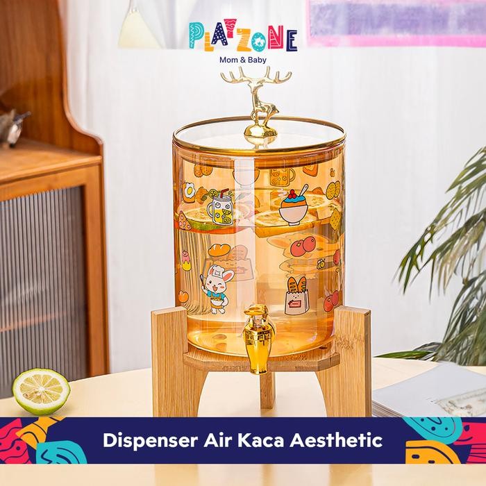 Play Zone COD Dispenser Air Kaca / Ketel Air Dingin Kaca dengan Tatakan Kayu / Tempat numan Es Jus
