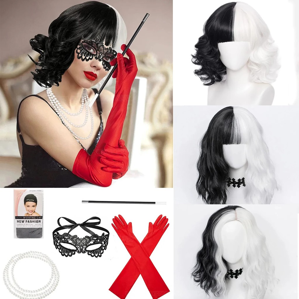 Anime Cruella De Vil Cosplay Wig Pro Cruly Half Black And Half White Heat Resistant Hair Wigs Mask