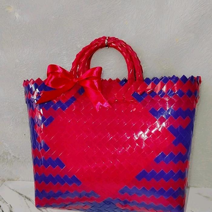 5 Pcs Tas Anyaman Plastik Kaca Glosy Sedang Untuk Hampers Tahlilan Keranjang Belanja Original