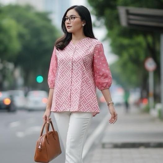Shanaya Atasan Batik Wanita Modern Blus Purwanti Batik Cap Garutan Lengan Nanggung Blouse Kemeja