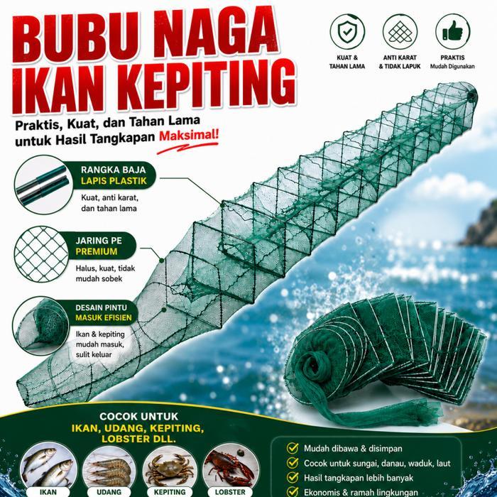 BUBU NAGA Ikan Udang Lobster Persegi Bubu Kepiting Model Naga Lipat Baja Lapis Plastik Anti Karat