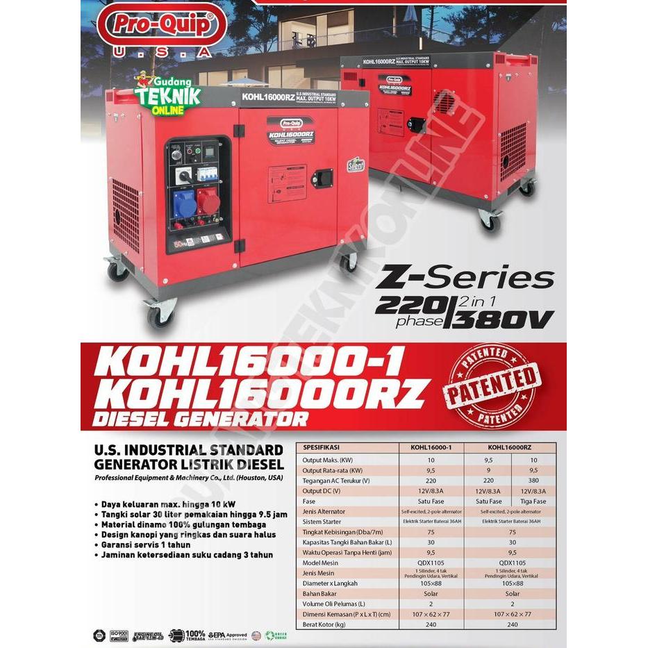Genset Silent 12000Watt PROQUIP KOHL16000 KOHL16000RZ 220V 380V / Power Generator Diesel Solar 12KW 