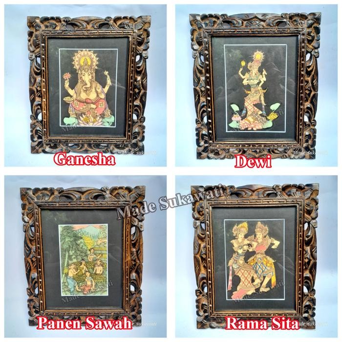 ```````] Hiasan dinding persegi Lukisan bali dengan bingkai Span kayu ukir kaca
