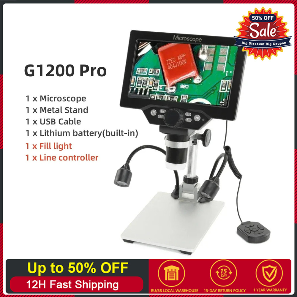 G1200 7-Inch Digital Microscope 1200x Continuous Zoom HD 12MP Industry Microscope Adjustable Stand