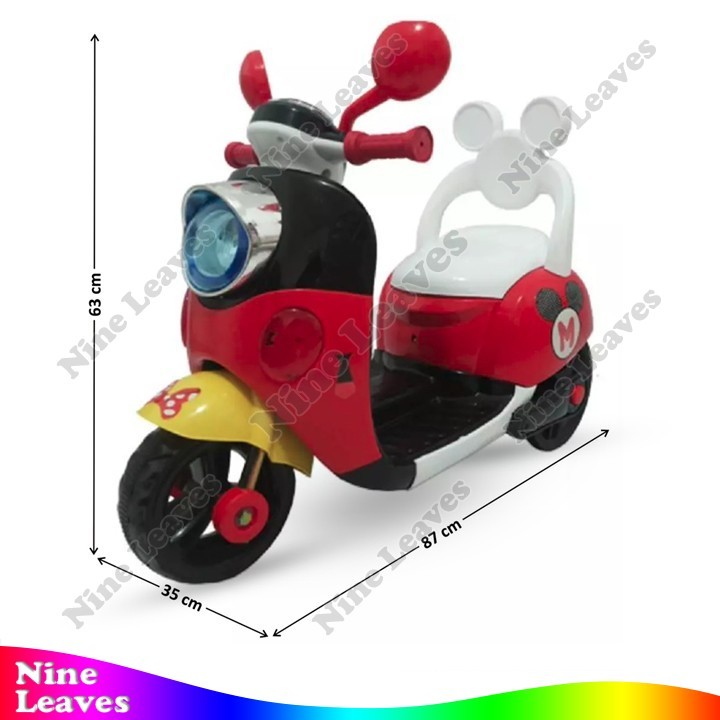 Tunggangan Sepeda Motor Aki Vespa Mickey Mouse Merah Lampu Suara Lagu + Remote Mylo Mainan Anak