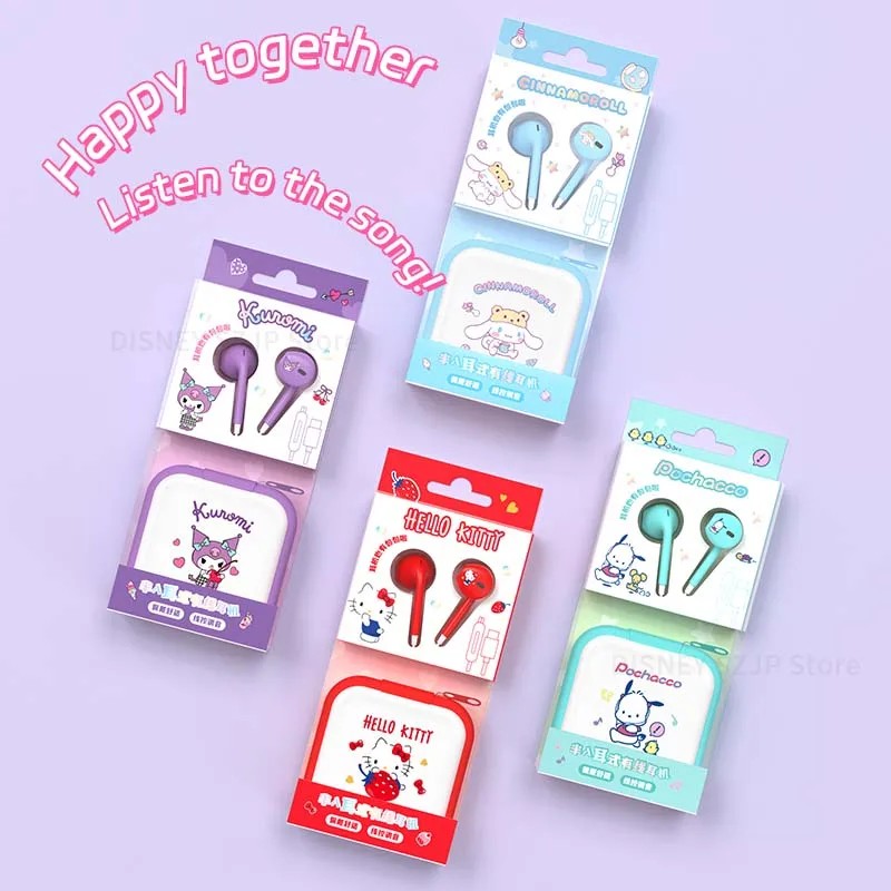 Sanrio in-ear Wired Earbuds Hello Kitty Cinnamoroll Music Earphones with Cute Storage Bag Kuromi Kaw