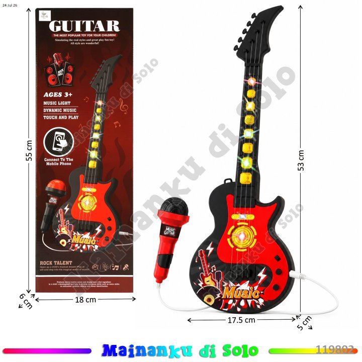 [Mainanku] Mainan Gitar B/O Musik Lampu + Mic Bisa Konek Hp Guitar