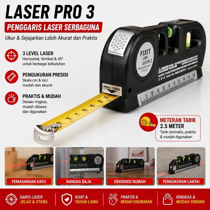 NEW - LASER PRO 3 PENGGARIS LASER SERBAGUNA WATERPASS METERAN MAGNET & NON MAGNET