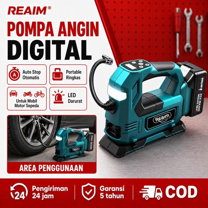 Reaim Pompa Angin Portable Mobil Motor Baterai Lithium Kompresor Angin Ban Isi Ulang dengan Pengukur
